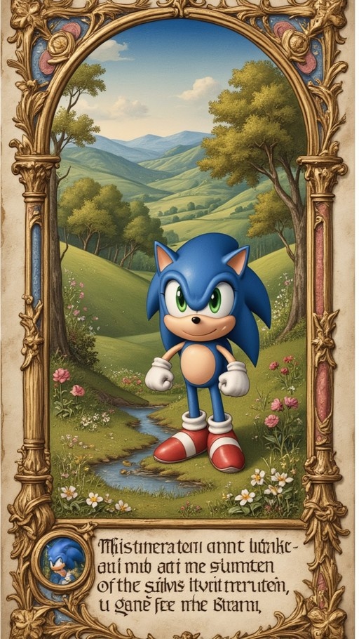 Sonic the Hedgehog stands smiling in a grassy field with rolling hills, depicted within an ornate gold-framed card featuring stylized text.