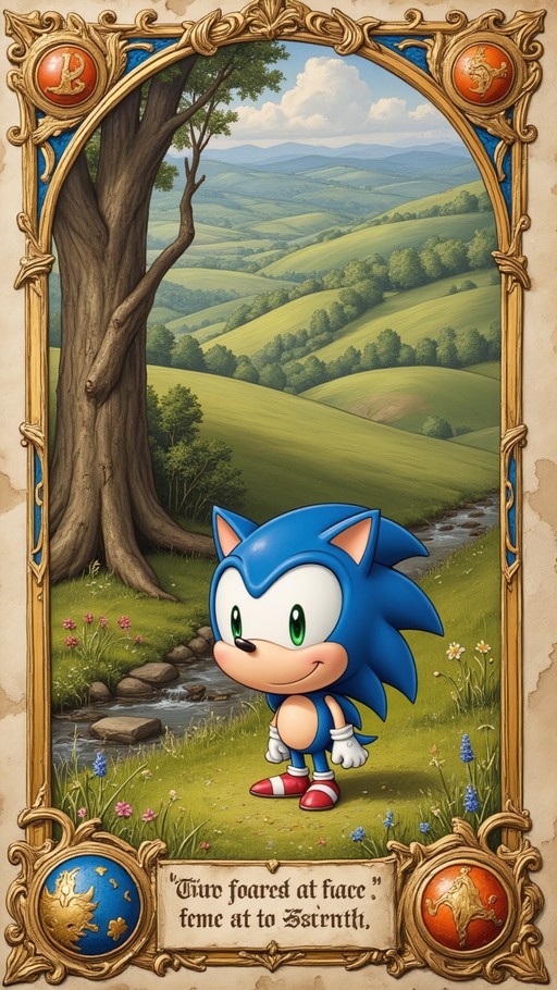 Sonic the Hedgehog standing in a grassy field near a stream, enclosed within an ornate golden tarot-style frame with decorative emblems.