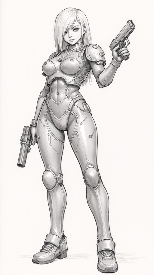 Greyscale illustration of a blonde woman in futuristic armor holding two pistols