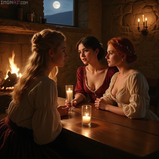 Three women in period gowns seated at a wooden table illuminated by candlelight, with a fireplace and full moon visible through a stone window.