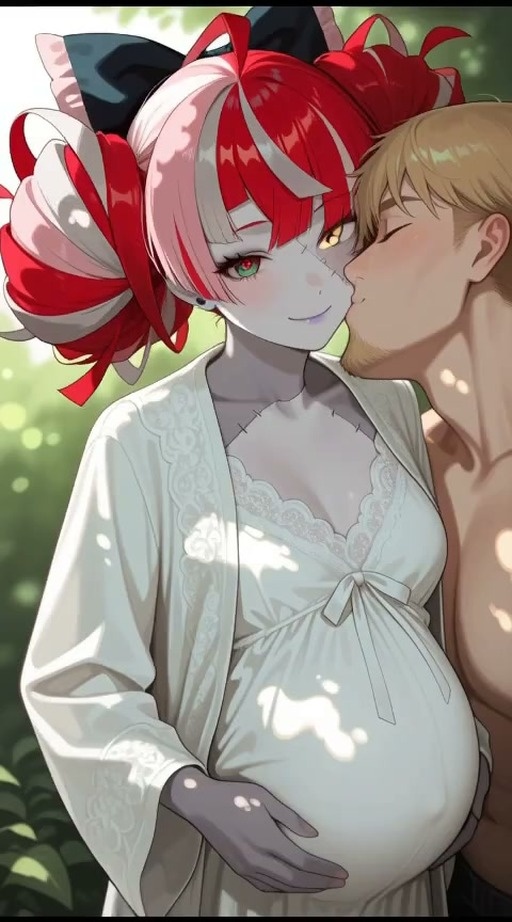 A pregnant Kureiji Ollie with grey skin and red hair buns in a white dress is kissed on the cheek by a muscular blonde man in an outdoor setting.