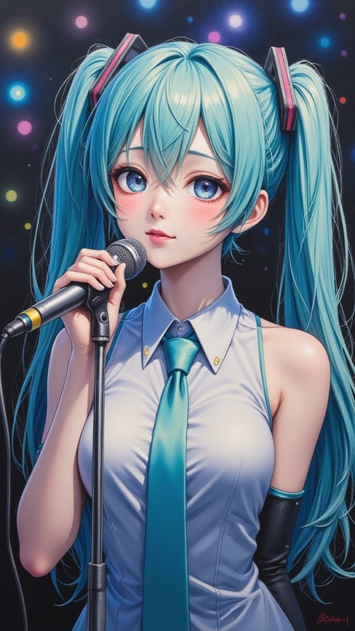 Digital illustration of Hatsune Miku with long turquoise twin-tails holding a microphone against a dark background with colorful bokeh lights.
