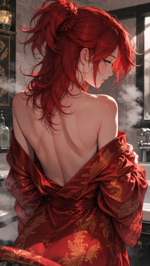 A red-haired anime girl in a red patterned kimono looks over her shoulder with green eyes while standing in a steamy room.