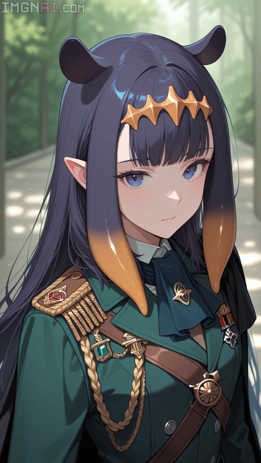 Ninomae Ina'nis wearing a green military uniform with gold epaulettes and medals, featuring her signature horns and gradient hair in a forest setting.