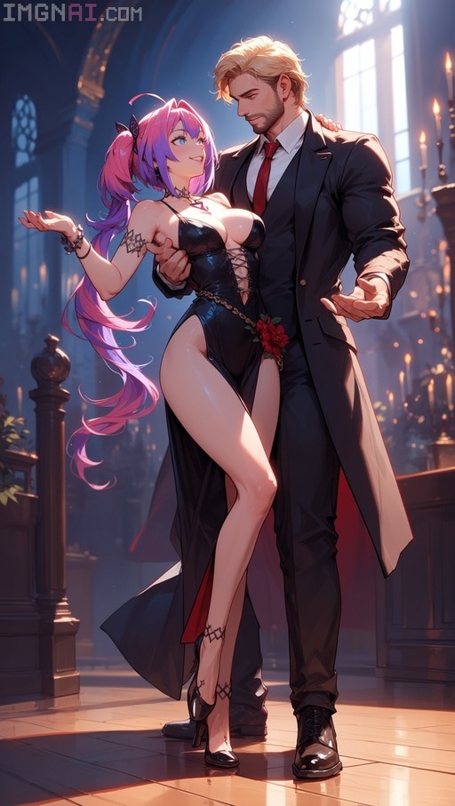 A full-body digital illustration of a blonde man in a dark suit and a woman with long pink and purple hair wearing a black slit dress dancing together indoors near tall candles.
