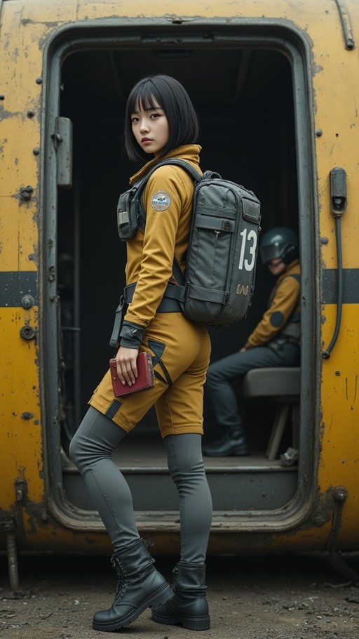 Young Asian woman in yellow flight suit and grey boots standing in doorway of old yellow bus holding red book