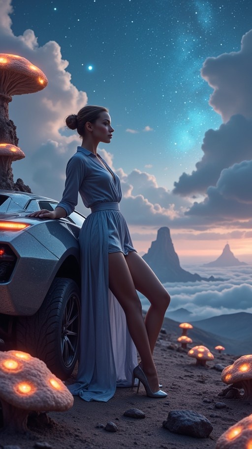 A woman in a blue dress leans against a futuristic car surrounded by glowing mushrooms under a starry sky.