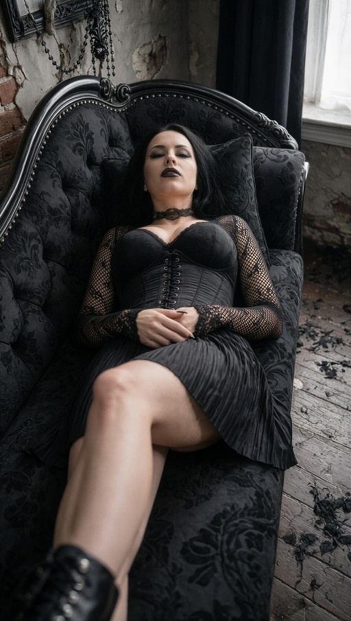 A realistic portrait of a pale woman with long black hair lying on her back on a large black velvet sofa. She is wearing a black lace-up corset, fishnet sleeves, and a choker. Her eyes are closed and she has dark lipstick. The room features distressed walls and a window.