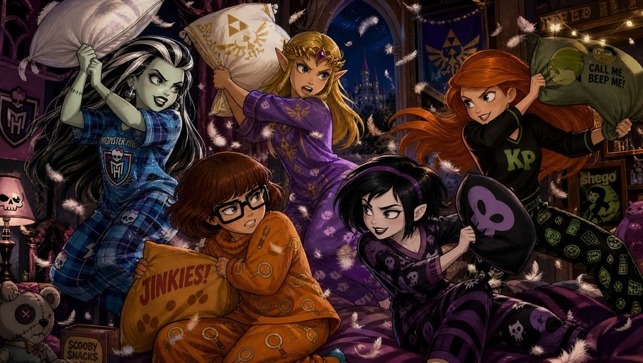 Five animated girls in pajamas having a pillow fight with feathers flying everywhere in a bedroom.