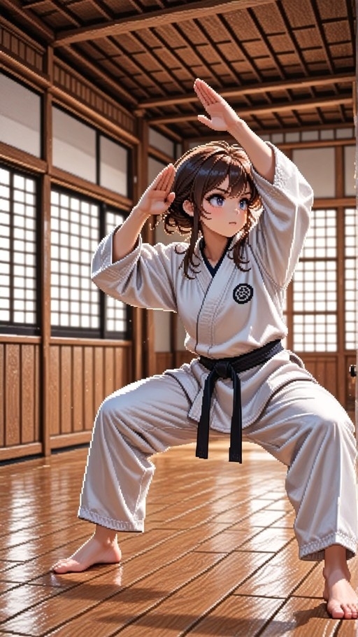 An anime-style girl with brown hair and blue eyes stands barefoot in a white karate uniform with a black belt, posing in a martial arts stance inside a sunlit wooden dojo with shoji screens.