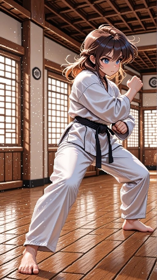 A pixel art style illustration of a young woman with brown hair and blue eyes wearing a white martial arts uniform and black belt. She stands barefoot in a fighting stance on a wooden floor inside a dojo with sunlight streaming through shoji screens.