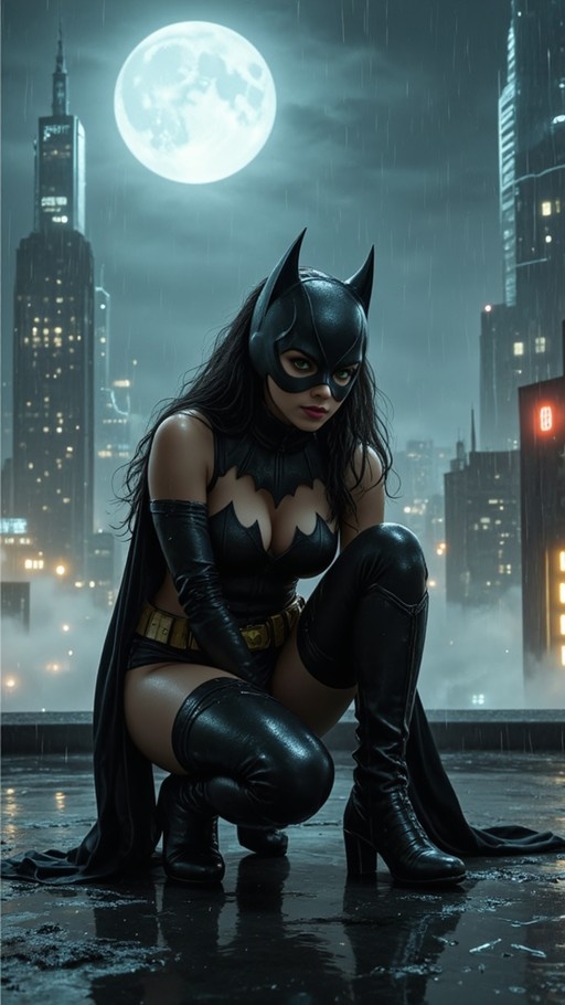 A woman in a black bat-themed cowl and cape squats on a wet rooftop at night with a large full moon and city skyline behind her.
