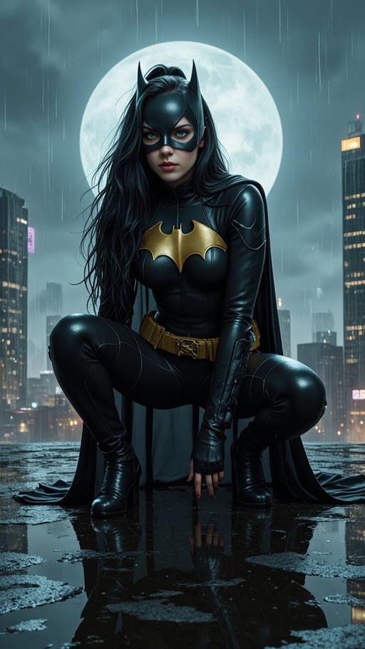 A realistic digital illustration of a female superhero in a black bodysuit and cowl squatting on a rain-slicked rooftop at night with a full moon and city skyline behind her.