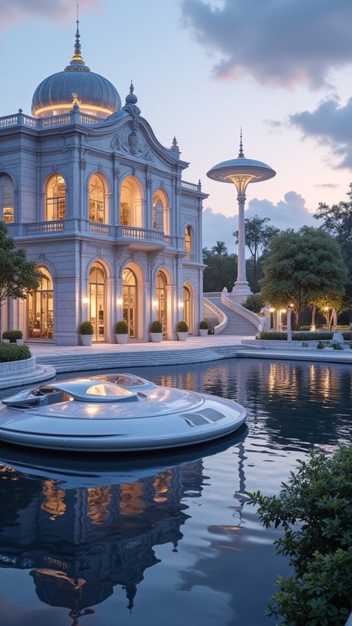 A sleek futuristic silver watercraft floats on calm water in front of a grand classical building with an illuminated dome at dusk.