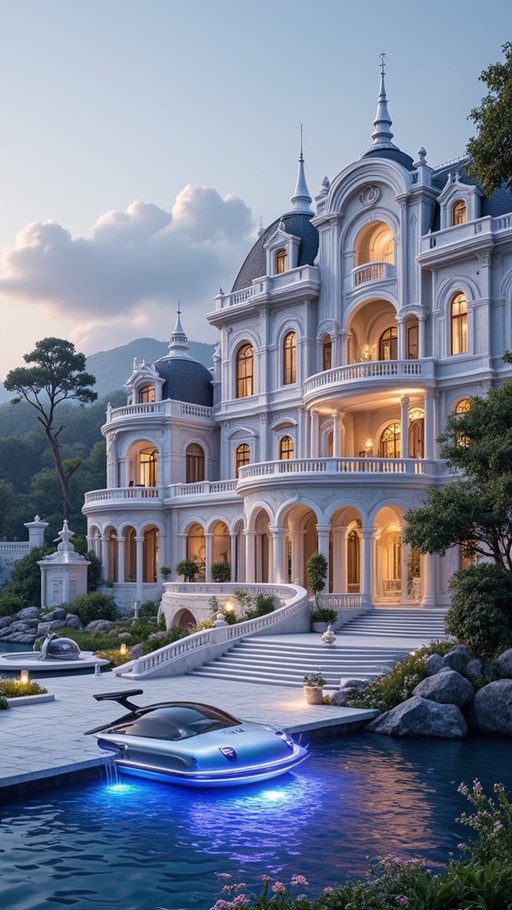 A large white classical mansion with a futuristic silver hovercraft floating on the water in front.