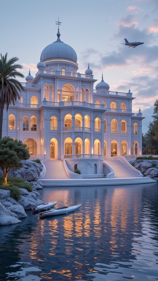 A grand white domed villa stands on the waterfront at twilight, with warm lights reflecting in the calm water where two small boats float, while a private jet flies overhead near palm trees.