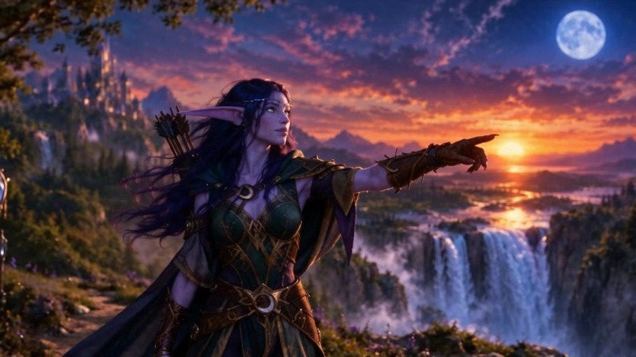A fantasy elf woman with purple skin and pointed ears stands on a cliff overlooking waterfalls at sunset as a large owl flies in to land on her outstretched hand.