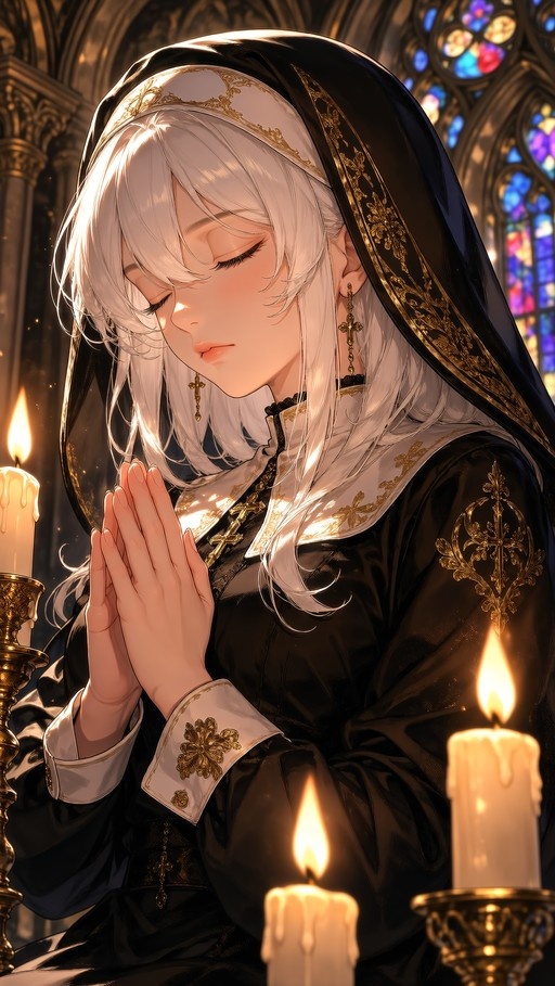 A digital illustration of a white-haired nun with closed eyes and clasped hands, praying in a church illuminated by candles.