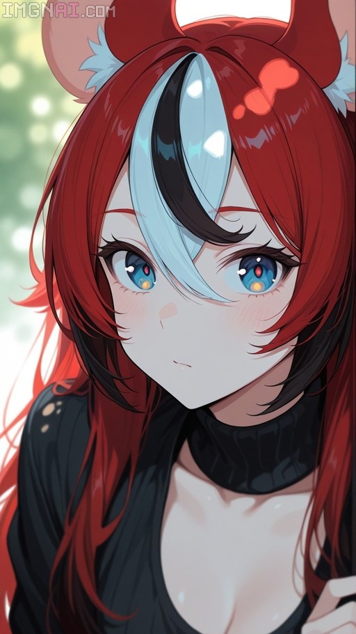 An anime-style illustration of Hakos Baelz featuring red hair with a blue streak, mouse ears, and a black sweater.