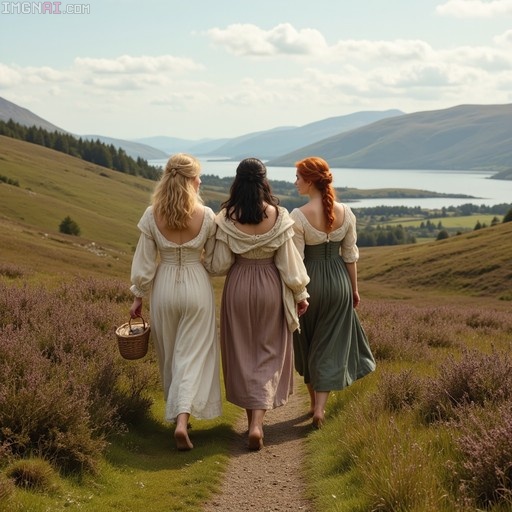 Three barefoot women in long dresses walking away on a heather-covered path toward a lake and mountains.