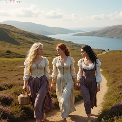Three women in period dress walking barefoot on a path through heather-covered hills near a Scottish loch.