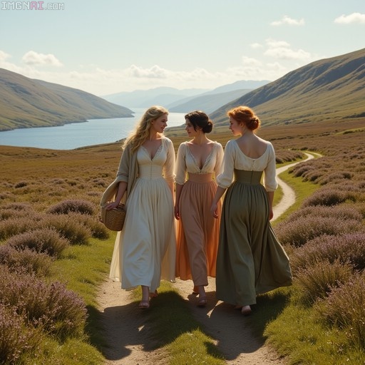 Three women wearing period-style dresses walk along a dirt path through purple heather, with a loch and mountains in the distance.