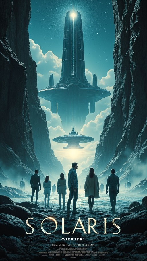 A group of people standing on a rocky beach looking up at massive futuristic towers and saucer-shaped structures floating in the sky above clouds, with the title "SOLARIS" displayed at the bottom.