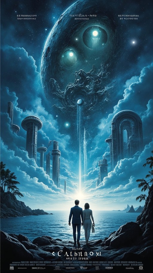A man and woman stand on a rocky beach holding hands, looking up at a massive glowing celestial face in the night sky above ancient pillars rising from the clouds.