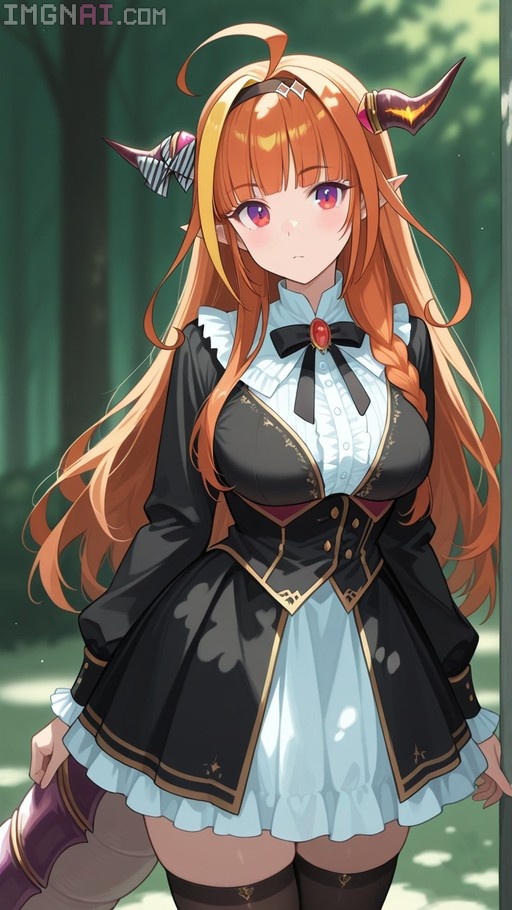 Kiryu Coco stands in a forest wearing a black jacket and white dress with dragon horns.