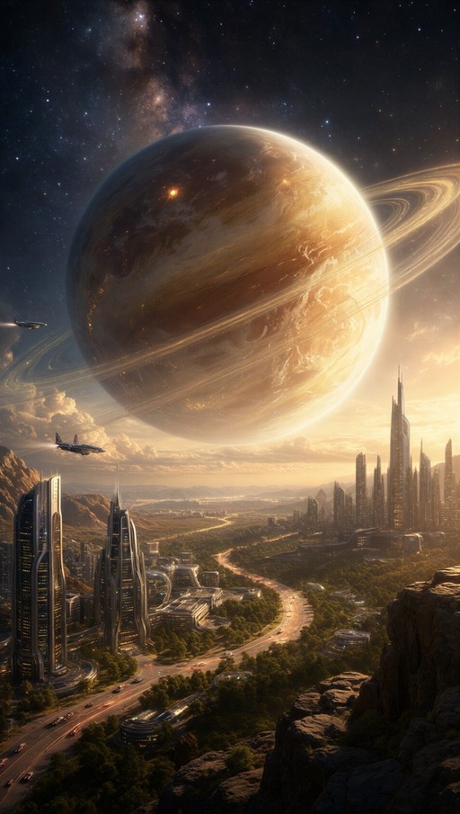 A wide shot of a futuristic city with tall skyscrapers and busy roads under a giant ringed planet in a starry sky.
