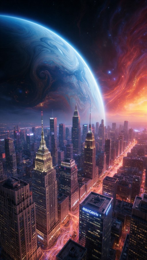 Aerial view of a futuristic city with illuminated skyscrapers and light trails on the streets, set against a backdrop of a massive swirling blue planet and a reddish nebula in space.