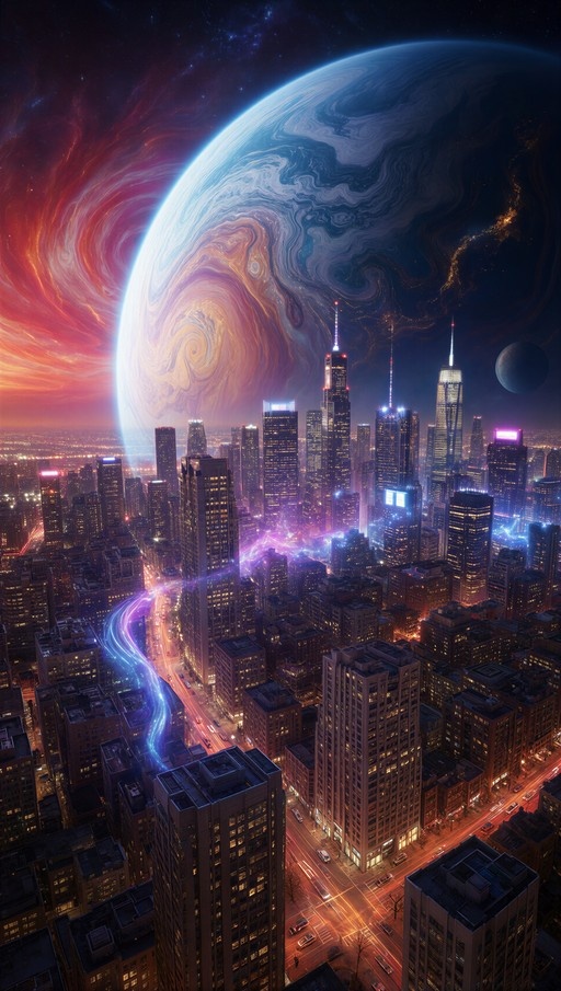 Aerial view of a glowing futuristic city at night with light trails on streets, set against a backdrop of a massive swirling planet and starry space.