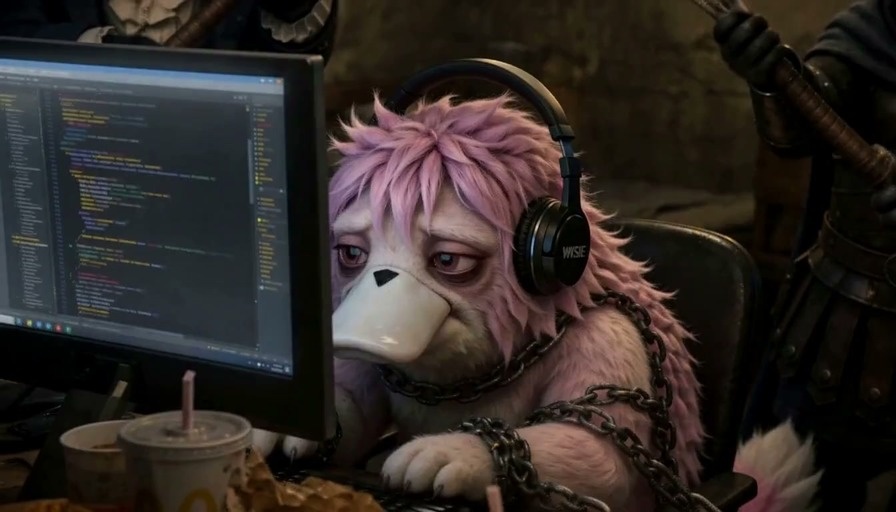 A tired pink furry creature with a beak and headphones sits at a computer desk surrounded by fast food, while a blonde woman leans over its shoulder to look at the screen.