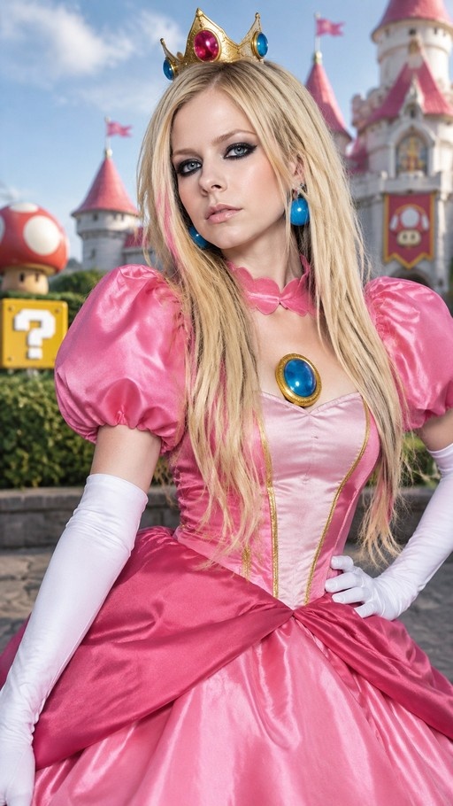 Avril Lavigne cosplaying as Princess Peach in a pink dress and crown standing in front of a castle with giant mushrooms