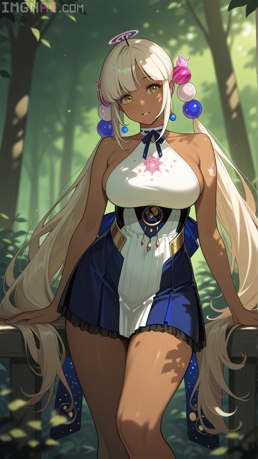 Tsukumo Sana, a dark-skinned anime girl with long blonde twintails and yellow eyes, poses in her Limiter outfit against a wooden railing in a sunlit forest.