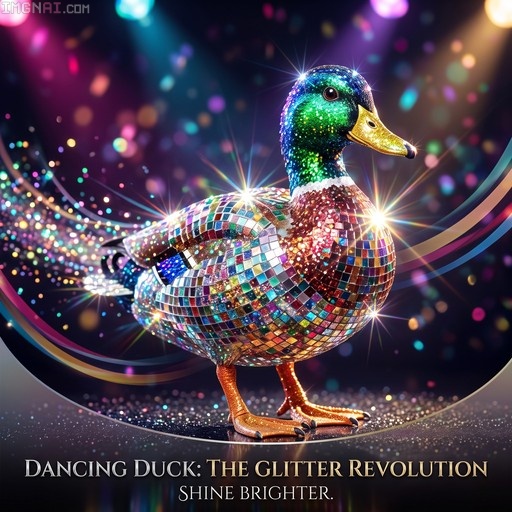 A mallard duck covered in colorful mirror tiles and glitter, standing against a dark background with bokeh lights and the text "Dancing Duck: The Glitter Revolution".