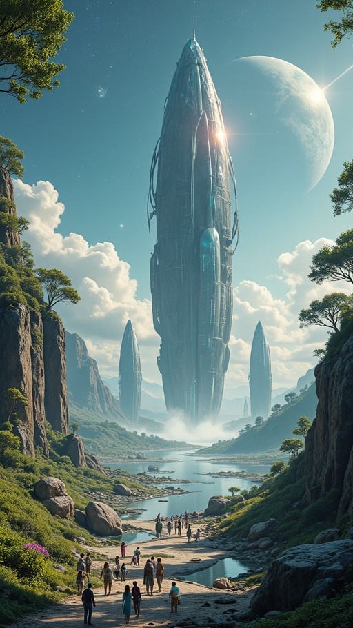A group of people walks along a river path in a lush green valley, looking up at colossal metallic structures hovering above mountains under a blue sky with a large planet.