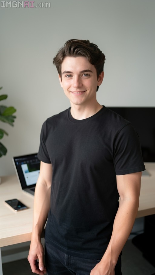 A smiling young man with brown hair in a black t-shirt stands at a desk with a laptop and phone.