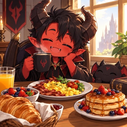 A happy red-skinned demon boy with large curved horns sits at a table laden with a feast of pancakes, eggs, bacon, and fruit, holding a steaming mug while a small black winged cat-demon sits beside him near a window overlooking a castle.
