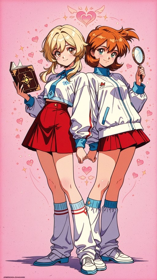 Lumine and Misty standing back-to-back holding hands, one holding a book and the other a magnifying glass, against a pink heart-filled background.