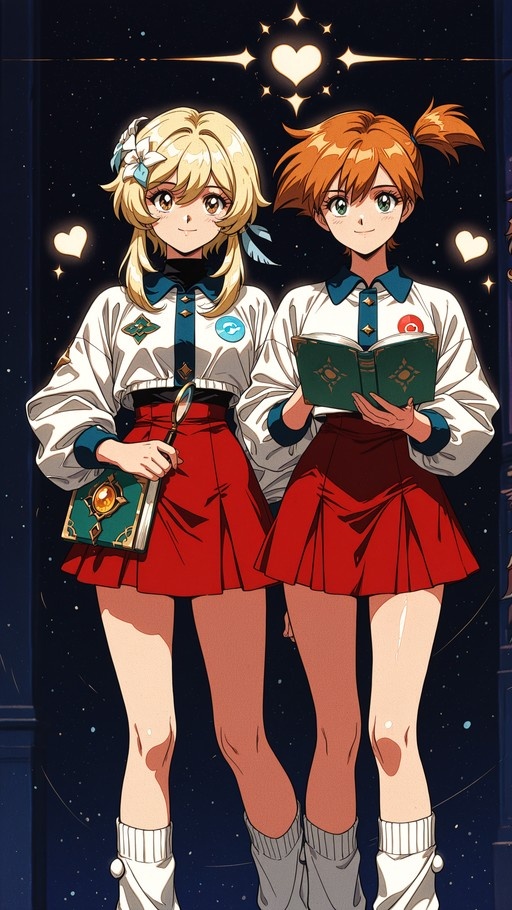 Lumine and Misty standing in matching red skirts and white shirts holding books under a starry sky