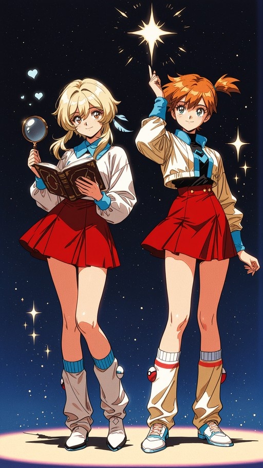 Lumine and Misty standing under a starry night sky; one holds a book and magnifying glass while the other points to a bright star.
