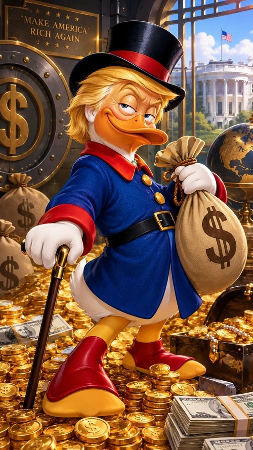 Scrooge McDuck with blonde hair and a top hat resembling Donald Trump, holding a cane and a money bag, standing on gold coins near the White House.