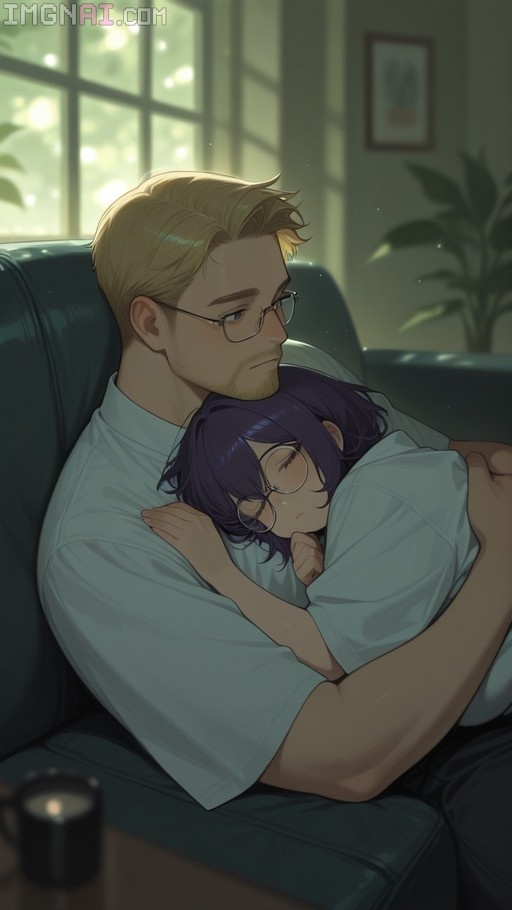A blonde man with glasses sits on a dark green sofa while holding a purple-haired woman who is asleep against his chest.