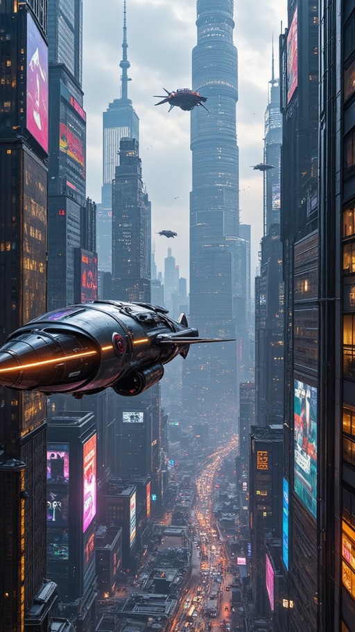 A sleek black spaceship with orange lights hovers in front of a dense futuristic city filled with tall skyscrapers and flying vehicles.