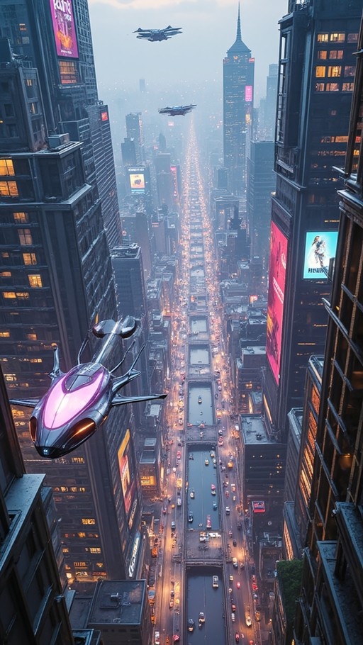 A sleek purple and silver aircraft flies over a dense city with tall buildings and busy streets below.
