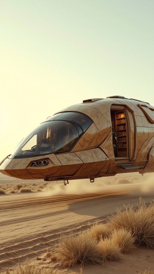 A tan futuristic spacecraft hovers over a sandy desert road, its side door open to reveal shelves of books inside the cabin.
