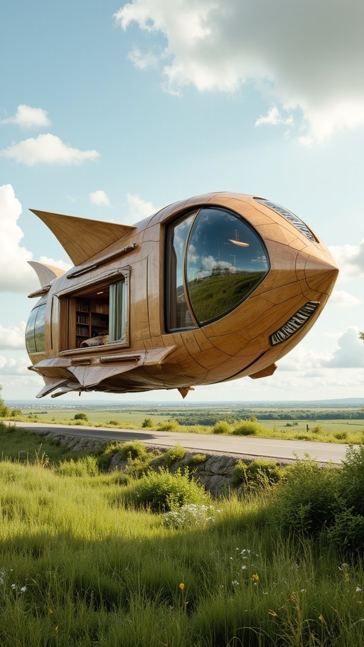 A wooden rocket-shaped house floats in the sky above a road and green fields on a sunny day.