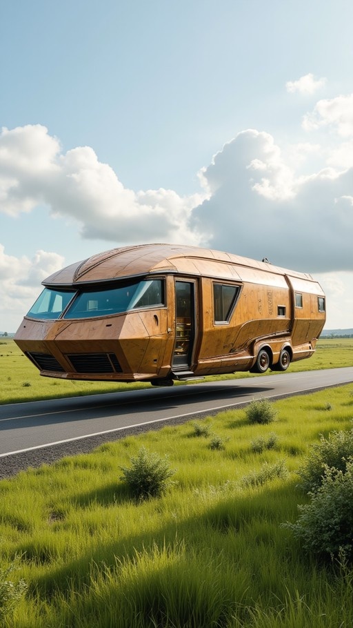 A retro-futuristic copper camper van hovers above a paved road through a grassy field under a cloudy blue sky.