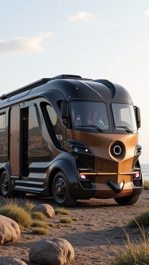 A futuristic matte black RV with wood paneling parked on a rocky beach near the ocean.